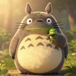 real life totoro, cute!!!, happy!!!, chunky!!!, content!!!, mischievous!!!, adorable!!!, fluffy!!!, ultra realistic!!!, golden hour, frog perspective, sharp focus