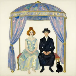 couple under a baldachin. iridescent colors, fuzzy black cat. henri de toulouse - lautrec, utamaro, matisse, rene magritte