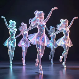 dancing holographic girls, in the style of Pixar animation, low angle view, 16mm lens, award winning, hyper detailed, dramatic lighting, artstation, octane renderer, unreal engine