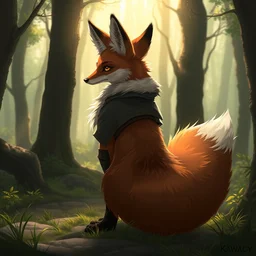 an anthropomorphic medieval fox with a fluffy tail in a forest, trending on furaffinity, digital art, backlighting, by kawacy, trending on artstation, dnd art