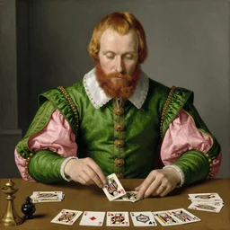 intricate beautiful medium - shot, the card player man with short trimmed reddish beard ( ( ( no mustache ) ) ), blonde reddish hair, in green and pink clothes of 1 7 th century playing card game, matte painting, renaissance painting, by paul sezanne by leyendecker, by artgerm, rutkowskyi