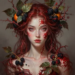 digital painting crimson goddess with a clear skin, lots of branches, leaves and berries of blackberries and oranges, wonderful eyes, symmetrical, fantasy, highly detailed, realistic, complex, fantasy, over - detailed, elegant, complex, dynamic lighting, hyperrealism, digital art, digital painting, artstation, wlop, clear focus, illustrations by filipe pagliuso and justin gerard