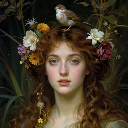 Beautiful Pre-Raphaelite goddess of nature with a little bird sitting on top of her head, in the style of John William Godward, close-up portrait, head in focus, flowers and plants, etheric, moody, intricate, mystical,