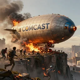 a giant steampunk comcast branded airship with huge comcast logo crashed and burning on the side of a cliff, people running in fear, flames and thick black smoke billowing, golden hour, dystopia, sharp focus, octane render, 8k