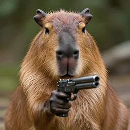 portrait close up of a capybara!!! holding with a gun!!!! from the new science fiction movie capybara!!! wit!!! h gun!!!, 8 k photo still, 8 k, f 1. 8, macro