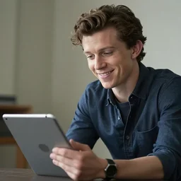 a photo of tom holland thinks to write something on his tablet in his hand. he is smiling with his ideas