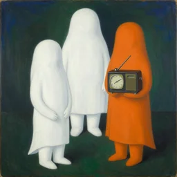 born under a bad sign, watches, radios, good luck and trouble are my only friends, colors white!!!!!!!, orange, dark green, dark blue!! abstract oil painting, by max ernst, by rene magritte