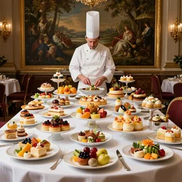 a table with lots of deserts and dishes and fruits and vegetables, only the best from the best, cooked by master chefs, majestic and luxurious atmosphere, classical painting, high definition, digital art, matte painting, very detailed