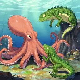giant octopuss and giant lizard playing, anime style
