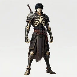 a full body shot of a Skeleton warrior by Takeshi Obata and Tomohiro Shimoguchi, skeleton face,scar in one eye,black heavy armor, wears shorts, highly detailed,artstation,manga