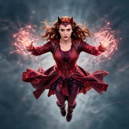 elizabeth olsen as the scarlet witch, floating in the air as she emanates magic from her palms, full - body portrait, 3 5 mm!!!!! photography, disdain facial expression, messy!!!!! hair, trending on artstation, photorealistic!!!!!, 4 k, 8 k