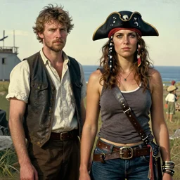 a rough woman, wearing a pirate headscarf, a tank top, and jeans, by nikolay makovsky and norman rockwell.