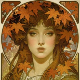 realistic detailed face portrait of a beautiful young queen of Japanese Maple trees by Alphonse Mucha, Ayami Kojima, Greg Hildebrandt, and Mark Brooks, Art Nouveau, Neo-Gothic, gothic
