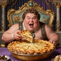 the fattest man in the universe obliterates the international pie eating contest with baroque art deco hyperdetailed magnificence