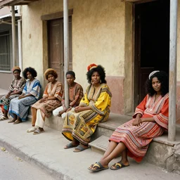 5 5 mm portrait photo of there were people here, sitting on porches or lounging lazily along the side of the street. they were dressed in simple tunics and smocks of flashing colors and eye - dazzling design 8 0 s atmosphere. art by greg rutkowski. soft light. nikon d 8 5 0. intricate. lifelike. highly detailed 8 k.