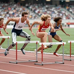 The matrix, LeeLoo, Starship Troopers, Olivia Pope, 1960's Olympics footage, hurdlers in a race with robotic legs, intense moment, cinematic stillframe, backlit, The fifth element, vintage robotics, formula 1, starring Geena Davis, clean lighting