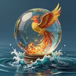 glass ball with a phoenix rising from the ashes, on top of an splitting ocean, studio ghibili, path traced, octane render, highly detailed, high quality, artgerm, hd, alphonse mucha, tom bagshaw