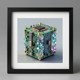 product photography framing. digital paint krita render of a small square fantasy vacuum - tube motherboard made and powered by crystalline circuitry. trending on artstation. premium print by angus mckie