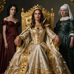 regal Gal Gadot sitting on queens throne royalty wearing royal mantle gold jewelry by alex ross by moebius and atey ghailan by james gurney by vermeer by George Stubbs