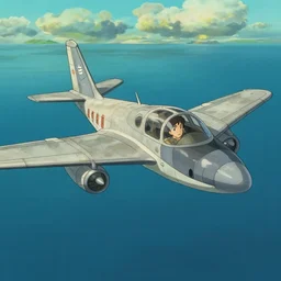 concept art of retro air craft flying over the sea in the style of studio ghibli, cinematic composition