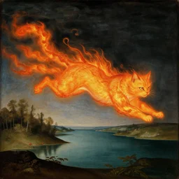 renaissance painting of a fire cat god flying over a lake