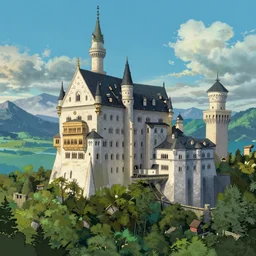high detailed matte painting of a castle by the gorge with alpine mountains in background, hayao miyazaki, artstation
