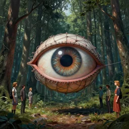 realistic detailed photo rendered in octane 3 d, a big eye wrapped in wires floats above the ground in a dense forest by francis bacon, by h. r. giger, by ayami kojima, amano, karol bak, greg hildebrandt, and mark brooks, beksinski painting, art by takato yamamoto
