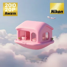 a 5 0 mm lens photograph of a cute pink floating modern house, floating in the air between clouds, inspired by the movie up. mist, playful composition canon, nikon, award winning, photo of the year
