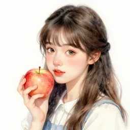 highly detailed watercolor, beautiful young girl with an apple, nostalgia for a fairytale, magic realism, vivid colors, by charles vess, anato finnstark, cinematic lighting, beautiful face by leyendecker