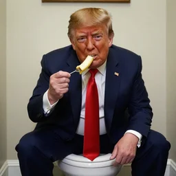 trump on the toilet with a fork trying to eat a banana