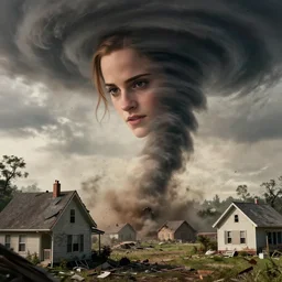 a swirling f 4 tornado, with the face of emma watson, face of emma watson, face of emma watson, destroying houses, 1 2 0 mm, super high resolution
