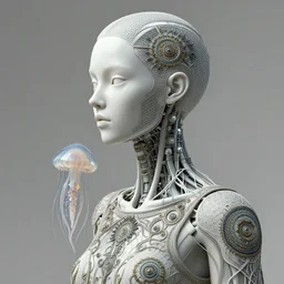 3 d render, biomechanical beautiful young female cyborg with a porcelain profile face, analog, squid, jellyfish, hexagonal mesh fine wire, sinuous fine roots, alexander mcqueen, art nouveau fashion embroidered, steampunk, mandelbrot fractal, picture taken in 1 9 3 0
