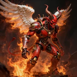 profile of an angry mechanical steampunk cyborg devil red skin satan horns with white! angel wings flames and fire concept art greg rutkowski ivan aivazovsky