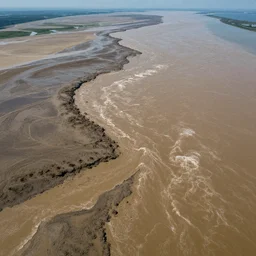 top view of muddy river delta leading to sea by hiroshi yoshida, roger deakins, turner, rothko, hyperrealism, turbulent alien vivid landscape, matte painting, fluid simulation, trending on artstation, 8 k high detail concept art, rendered in octane