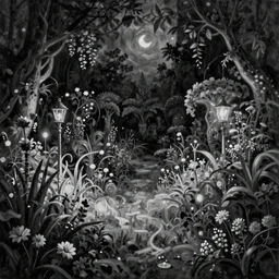 a gorgeous, fantastic, magic night garden landscape by michael kidd, trending on artstation, deviantart, black and white, oil on canvas, reduced colors, darker, low contrast