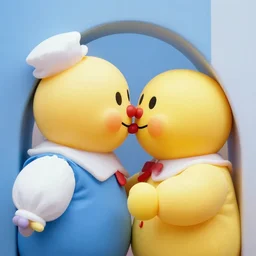 saturated colour photography of stay puft marshmallow man ( with human eyes ) kissing each other, trough the mountains, very detailed focused photography cinematic lighting, sun and shadows, taken by martin parr, colour photo kodachrome