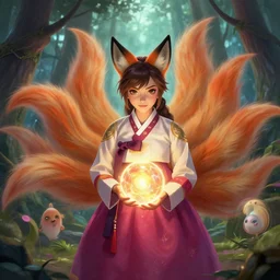 ahri!!!!!!, by yuumei | by wlop | fantasy | hanbok!!! | holding a glowing ball | mystical forest | digital | very detailed | by natalie shau | portrail | the nine - tailed!!! fox | league of lengeds