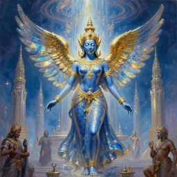 a dmt blue and golden angel goddess hindu entity thai architecture, hyperspace technopalace, iridescent, tim hildebrandt, wayne barlowe, bruce pennington, donato giancola, trending on artstation, cinematic composition, beautiful lighting, hyper detailed, 8 k, oil on canvas