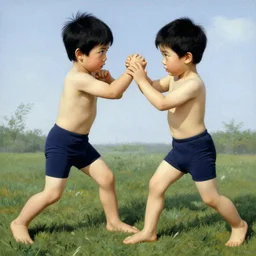 twin brothers with black hair and blue eyes play fighting. Ruan Jia. Norman Rockwell . Karlkka