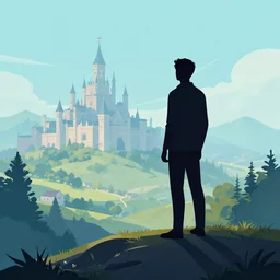 a beautiful artwork illustration, silhouette of a man standing on a hill looking at his kingdom in the distance, high contrast, high saturation, by Greg Rutkowski and Jesper Ejsing and Raymond Swanland, featured on artstation, wide angle, vertical orientation