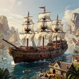 a village made of broken pirate ships by brian despain, daniel ridgway knight, atey ghailan, jeremy mann, artstation, volumetric light, high detail, perfect, concept art, 8 k, realistic