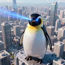 Giant Penguin destroying a city with laser eyes, 4k, birdseye view