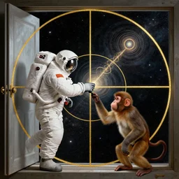 astronaut and space monkey, opening door that shows space and time, by davinci, circles, golden ratio, spirals