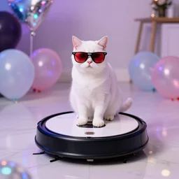 white cat wearing sunglasses, red tinted sunglasses, cat sitting on top of roomba, reflective marble floor, disco party lights, balloons