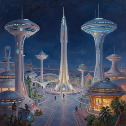 sci - fi amusement park at night in 2 4 th century, by ranganath krishnamani, by james gilleard, by ian mcque, by paul thurlby, trending on artstation, oil on canvas, hd, sharp, detailed,