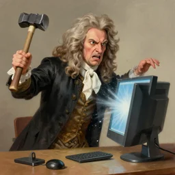 a portrait of angry isaac newton crashing a computer monitor with a hammer, artwork by gaston bussiere, craig mullins, trending on artstation