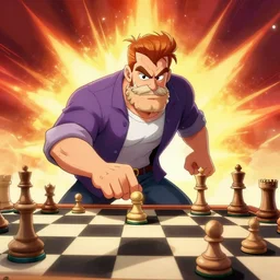 Duke Nukem playing chess, Duke Nukem art style, explosive background