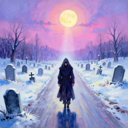 Heartbroken wandering mage-duelist on the endlessly long road. Visiting the tombstone of a lost friend in the haunted frozen graveyard. A concept of Melancholic Euphoric heartshine in the crush of oblivion. The vibrancy of nouveau is gilded with hollow-wishes. Trending on ArtStation. Vivid Pastel Gouache Ink Painting.