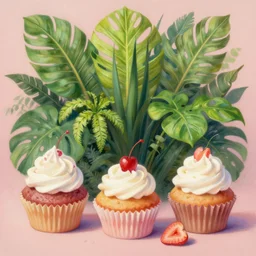 a painting of tropical plants and inverted cupcakes by lisa frank, behance, airbrush art, digital painting