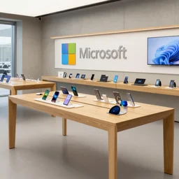 (wood and concrete flagship retail interior Samsung Microsoft, Apple, large tables with mobiles and tablets on display, telephones, accessories, stools, plants, digital screens) XF IQ4, 14mm, f/1.4, ISO 200, 1/160s, 8K, RAW, unedited, symmetrical balance, architectural photography, in-frame
